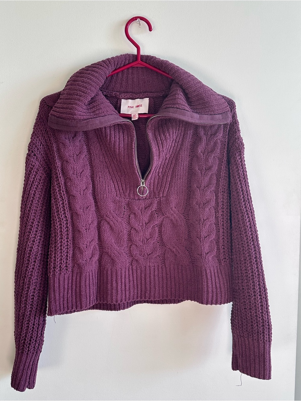 Pink Rose Cable Knit Half-Zip Sweater in Plum